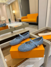 ROMY FLAT BALLERINA IN CERULEAN BLUE MESH PATENT CALFSKIN