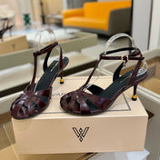 HIGH SANDALS 75 MM IN MAHOGANY RED PATENT CALFSKIN