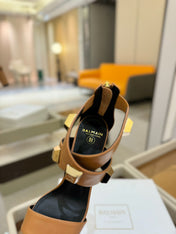BALMAIN 25S WEDGE HEELS 105MM IN DARK BROWN CALFSKIN GOLD HARDWARE