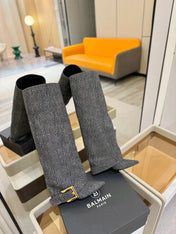 BALMAIN 26S KNEE-HIGH BOOTS 100 MM IN DARK GREY FABRIC
