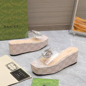 HIGH WEDGE PLATFORM IN ALMOND BEIGE CANVAS WITH DOUBLE CRYSTAL G BUCKLE