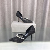 JIMMY CHOO 26S HIGH HEELS 85 MM IN BLACK LACE PEARL-EMBELLISHED
