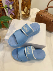 WOODY WEDGE SANDALS IN CERULEAN BLUE CANVAS WITH RUBBER SOLE