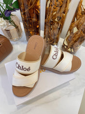 CHLOÉ WOODY WEDGE SANDALS IN WHITE CANVAS WITH CIDER BROWN RUBBER SOLE