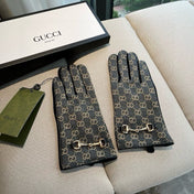HORSEBIT GLOVES IN STONE BLUE MONOGRAM JACQUARD FABRIC MIX BLACK SHEEPSKIN 456333
