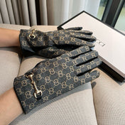 HORSEBIT GLOVES IN STONE BLUE MONOGRAM JACQUARD FABRIC MIX BLACK SHEEPSKIN 456333