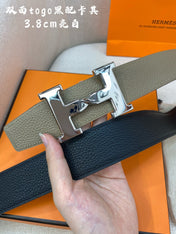 HM H BELT BUCKLE & REVERSIBLE CAMEL BROWN LEATHER STRAP 38MM SILVER HARDWARE