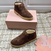 MIUMIU 26S SLIP-ON BOOTIES IN DARK BROWN SUEDE WITH SHEARLING