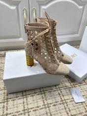 DIOR 26S LACE UP ANKLE BOOTS 80MM IN BEIGE OPENWORK LACE SUEDE GOLD HEEL