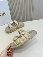 DIOR CLASSIC DOUBLE-STRAP SLIDES 25S IN BEIGE RAFFIA AND GREY CALFSKIN