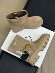 PRADA 25S PLATFORM ANKLE BOOTS IN DARK BEIGE SUEDE WITH GOLD HARDWARE