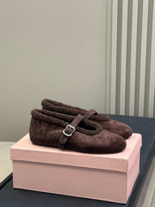 ALAIA 25S MARY JANE SHEARLING FLATS IN DARK BROWN SUEDE