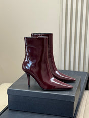 YSL 26S ZIPPERED HEELED BOOTS IN DARK RED SHINY CALFSKIN