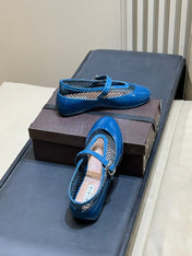 ALAIA 26S MARY JANE BALLET FLATS IN DARK BLUE MESH AND GLOSSY CALFSKIN