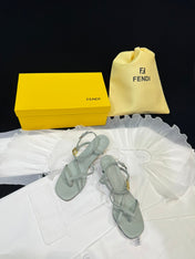 FENDI FFOLD MEDIUM-HEELED 55 MM SANDALS IN ASH GREY LAMBSKIN WITH GOLD HARDWARE