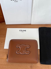 CELINE 25S TRIOMPHE COMPACT ZIPPED WALLET 11 IN BROWN CALFSKIN GOLD HARDWARE