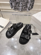 PRADA 26S SLIDES SANDALS IN BLACK CALFSKIN SILVER HARDWARE