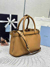 PRADA 25S BUCKLE MEDIUM HANDBAG 28 IN CARAMEL CALFSKIN GOLD HARDWARE