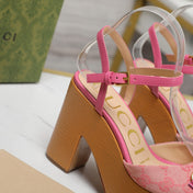 GG HORSEBIT WEDGE SANDAL IN PINK MONOGRAM JACQUARD FABRIC AND SHEEPSKIN LINING