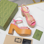 GG HORSEBIT WEDGE SANDAL IN PINK MONOGRAM JACQUARD FABRIC AND SHEEPSKIN LINING