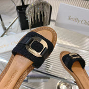 WOVEN SLIDE MULE IN BLACK WOOL AND BROWN LAMBSKIN GOLD HARDWARE