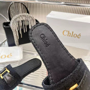 WOVEN SLIPPER IN BLACK WOOL AND LAMBSKIN GOLD HARDWARE