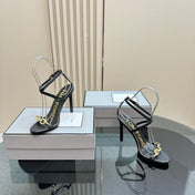 HIGH-HEELED 10 CM SANDAL IN BLACK LAMBSKIN WITH GOLD HARDWARE