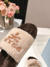 PRADA 25S FLAT MULES IN CREAM AND DARK BROWN RABBIT FUR