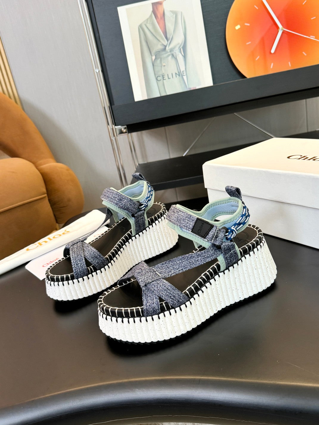 NAMA WEDGE SANDALS IN GREY FABRIC AND WHITE RUBBER