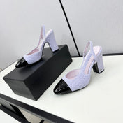 HIGH SLINGBACK LIGHT BLUE TWEED AND BLACK CALFSKIN
