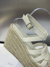D-CLUB 25S HIGH HEEL WEDGE 100MM IN WHITE CALFSKIN RAFFIA SOLE