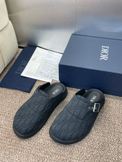 DIOR 25S AQUA MULES WITH OBLIQUE PATTERN IN DARK BLUE CANVAS