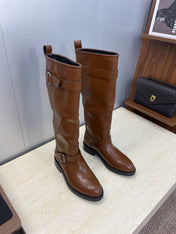 YSL 25S KNEE-HIGH BOOTS 30 MM IN BROWN LAMBSKIN WITH SILVER HARDWARE