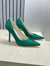 JIMMY CHOO 26S HIGH HEELS 95 MM IN GREEN CRYSTAL-EMBELLISHED