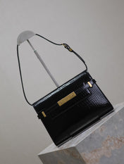 MANHATTAN SMALL 24 IN BLACK CROCODILE PATTERN GLOSSY CALFSKIN GOLD BUCKLE