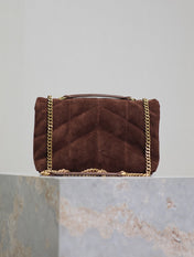 YSL 25S LOULOU PUFFER MINI 23 IN DARK BROWN SUEDE GOLD HARDWARE