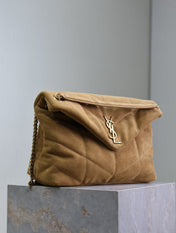 YSL 25S LOULOU PUFFER GM 35 IN TAN BROWN SUEDE GOLD HARDWARE