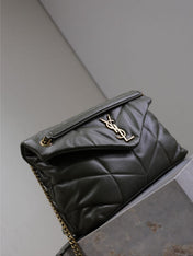 YSL 25S LOULOU PUFFER GM 35 IN DARK OLIVE CALFSKIN GOLD HARDWARE