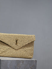 YSL 25S CASSANDRE LARGE ENVELOPE POUCH 29 IN NATURAL RAFFIA GOLD HARDWRE
