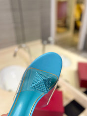 HIGH MULE 60MM IN AQUA BLUE SHEEPSKIN AND TRANSPARENT PVC