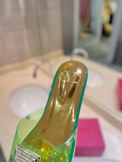 VALENTINO 26S FLAT SLIDES IN GREEN MIX GOLD LAMBSKIN WITH CRYSTAL