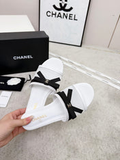CHANEL 26S SLIDE SANDALS IN WHITE MESH AND CALFSKIN WITH BLACK RIBBON