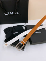 BELT 30MM IN BROWN AND WHITE CALFSKIN WITH INTERWOVEN GOLD CHAIN BUCKLE