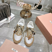 MIUMIU 26S LACE UP SNEAKERS IN BEIGE SUEDE WHITE FABRIC CHARM DETAIL