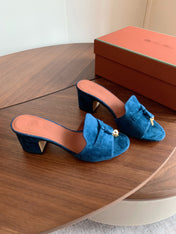 LP 26S SUMMER MULE HEELS 60MM IN DARK BLUE SUEDE GOLD HARDWARE