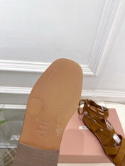 MIUMIU 26S LACE-UP SANDALS IN CARAMEL BROWN SUEDE