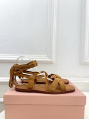 MIUMIU 26S LACE-UP SANDALS IN CARAMEL BROWN SUEDE