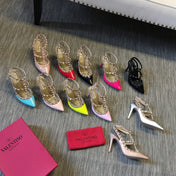 ROCKSTUD CAGED HIGH PUMP IN BLACK MIX LIGHT PINK PATENT CALFSKIN 100 MM